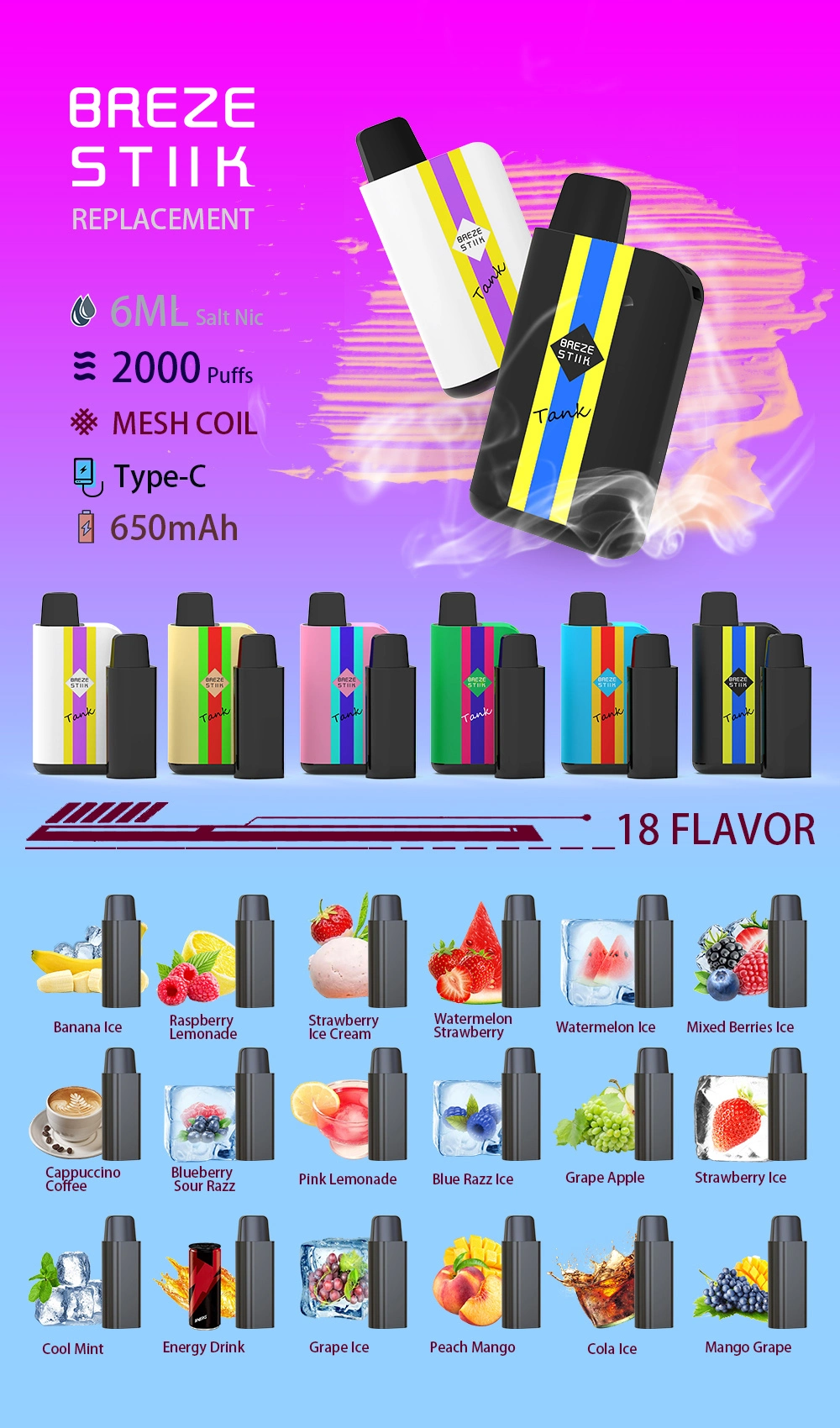 Wholesale E Cigarettes Disposable Vape Breze Stiik Tank 2000puffs with 18 Colors 650mAh 6ml Vape Vs Infinity Vape